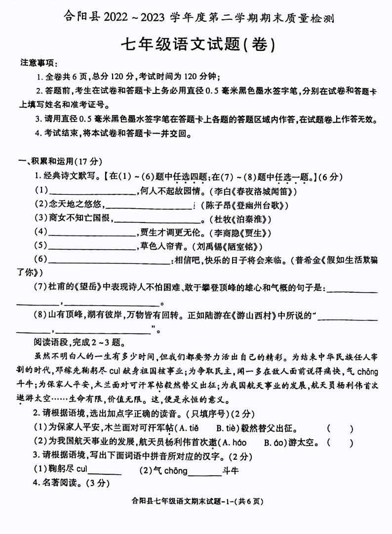 陕西省渭南市合阳县2022-2023学年七年级下学期期末考试语文试题01