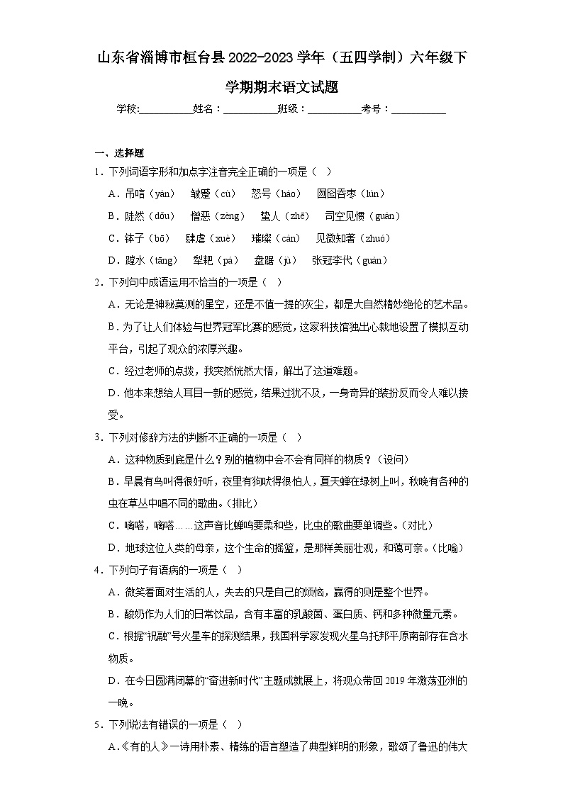 山东省淄博市桓台县2022-2023学年（五四学制）六年级下学期期末语文试题（含答案）