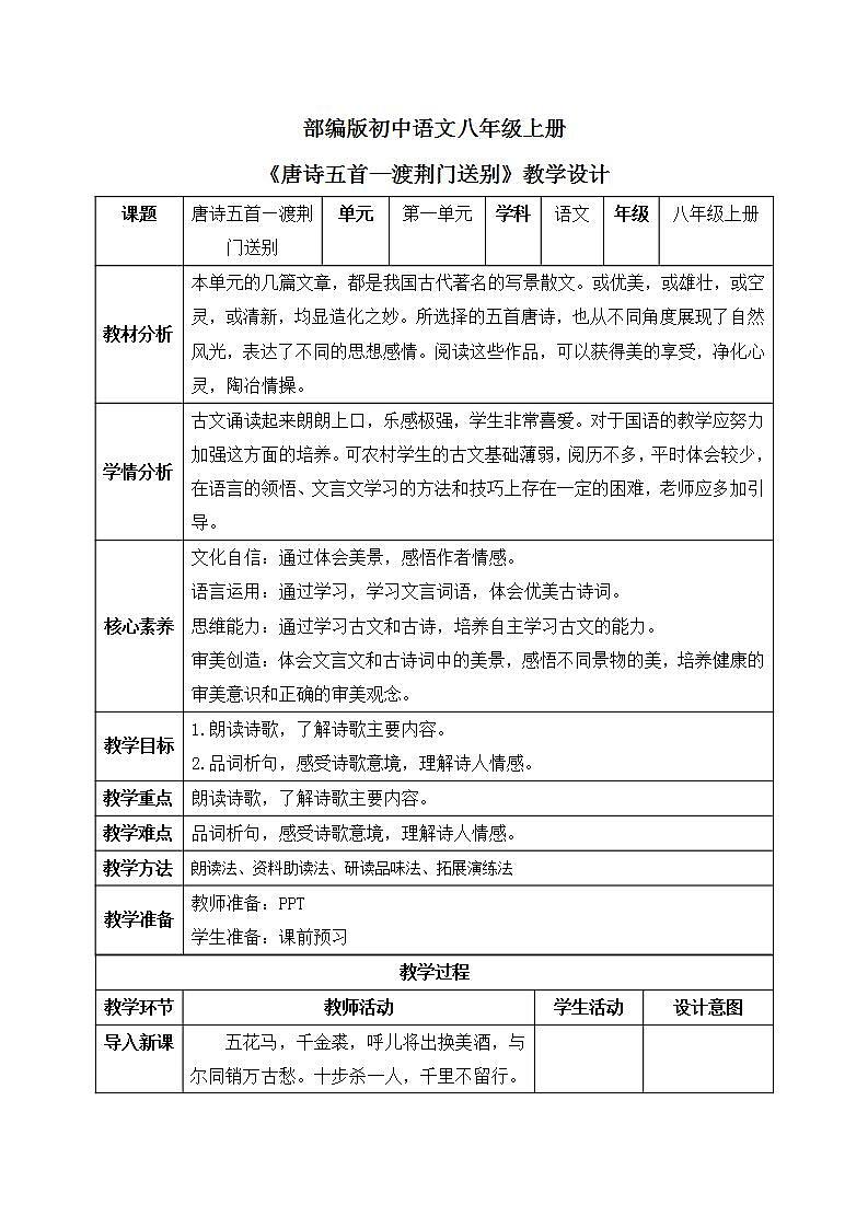 【核心素养目标】人教部编版初中语文八年级上册 《唐诗五首—钱塘湖春行》第四课时课件+教案+同步分层练习(含答案)01