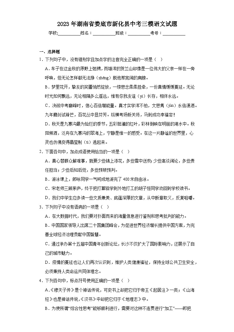 2023年湖南省娄底市新化县中考三模语文试题(含解析)第1页