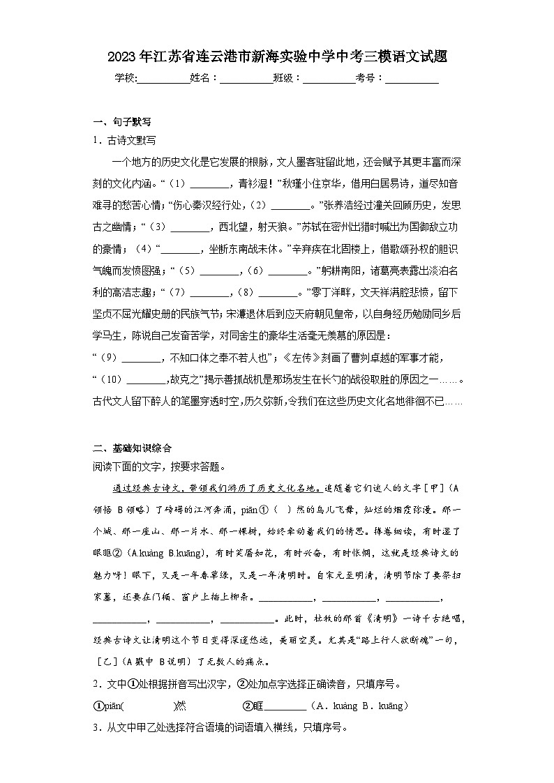 2023年江苏省连云港市新海实验中学中考三模语文试题(含解析)01