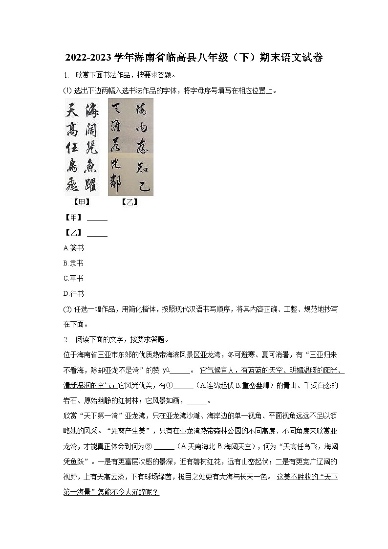 2022-2023学年海南省临高县八年级(下)期末语文试卷(含解析)01