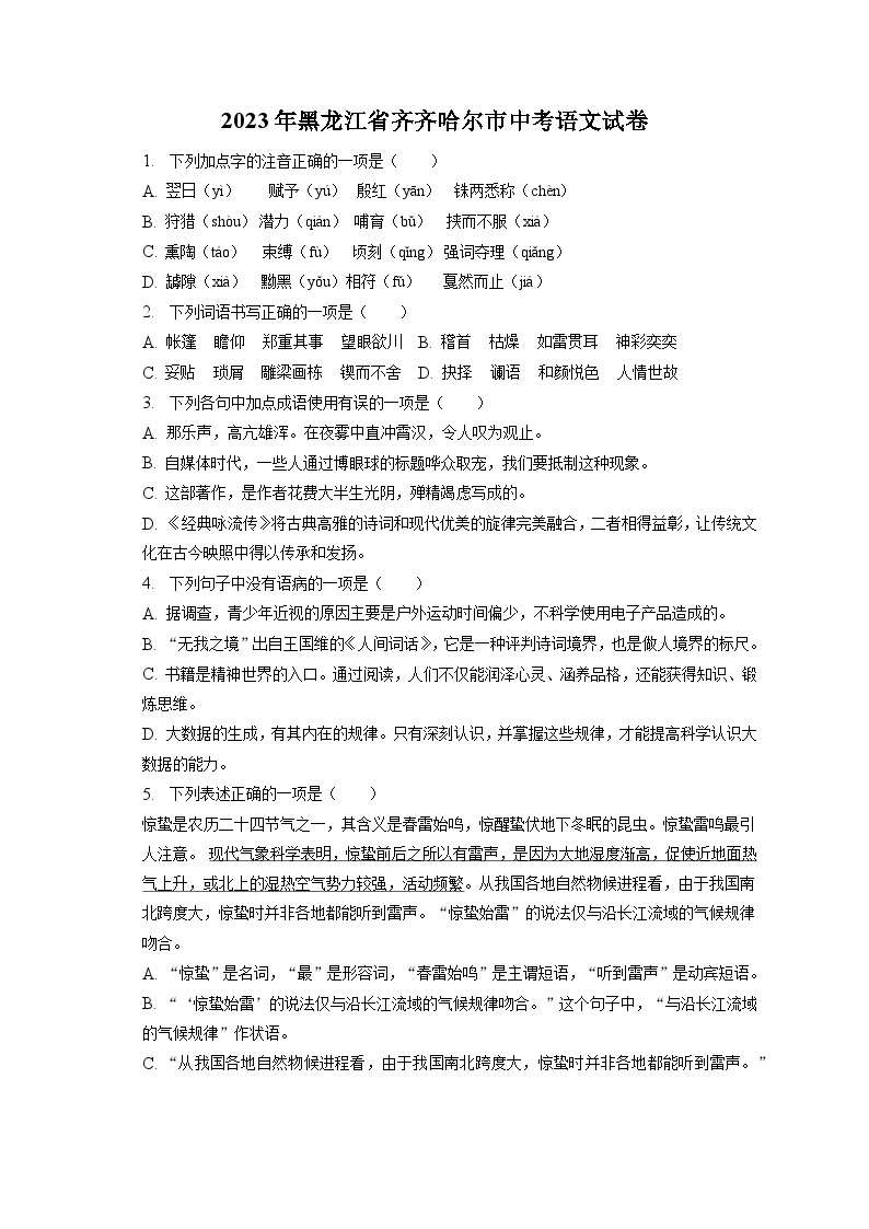 2023年黑龙江省齐齐哈尔市中考语文试卷（含答案解析）01