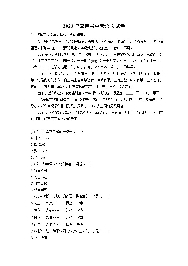 2023年云南省中考语文试卷（含答案解析）01