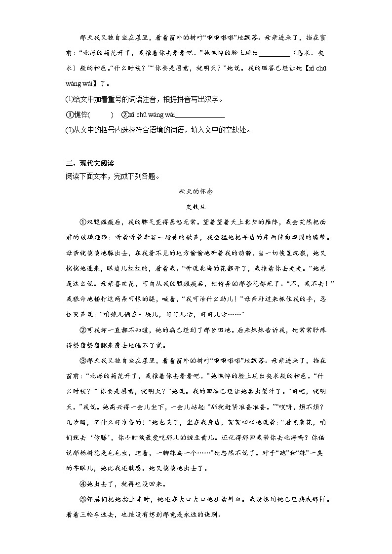 5.秋天的怀念-2023-2024学年七年级语文上册同步练习(原卷版)第2页