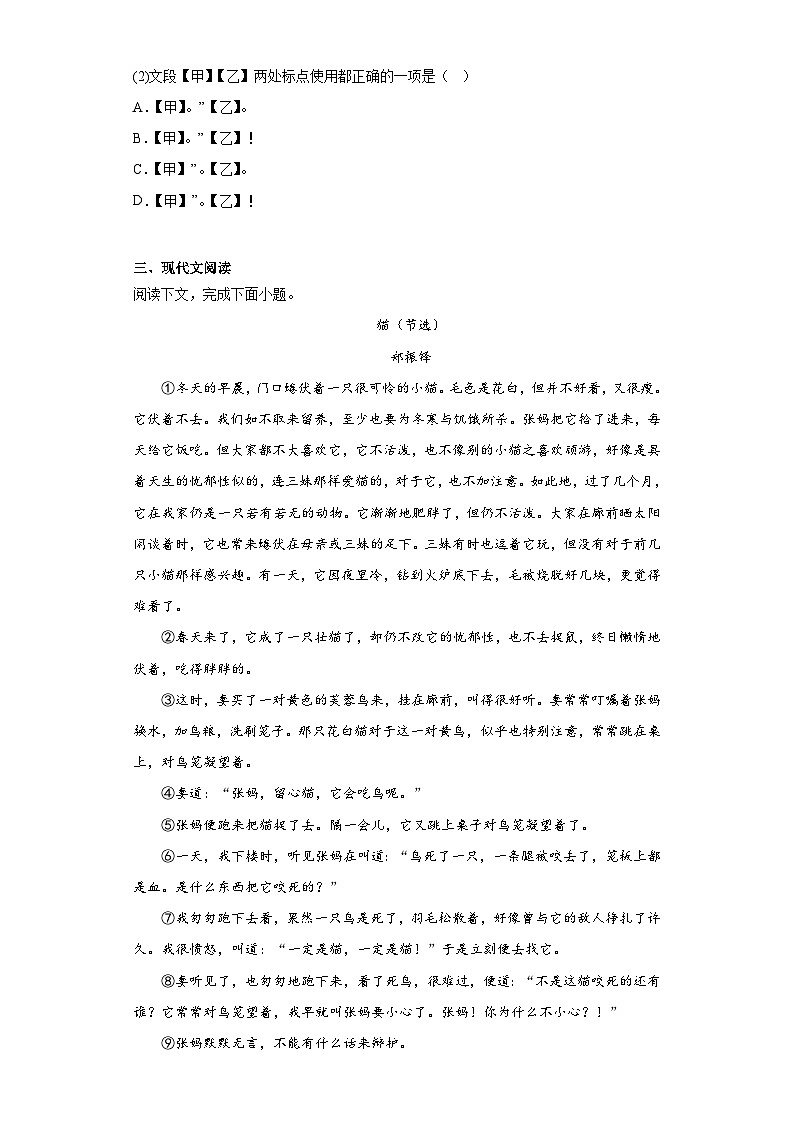 16.猫-2023-2024学年七年级语文上册同步练习(原卷版)第3页