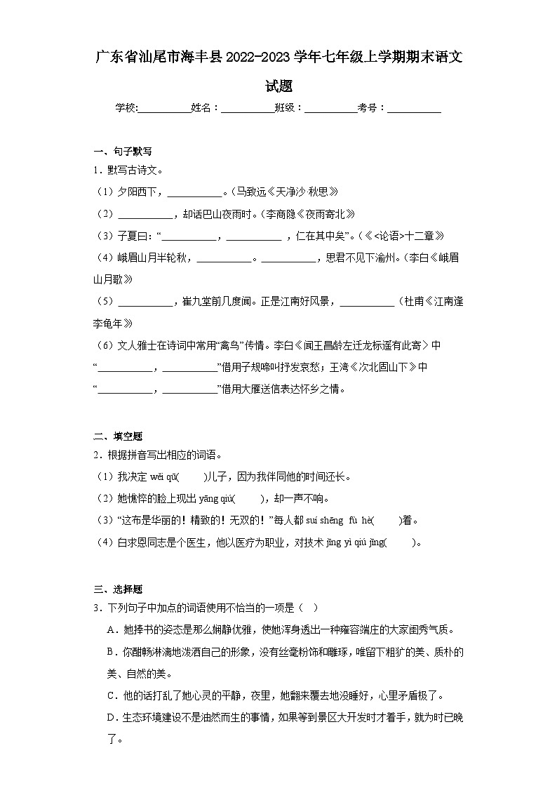 广东省汕尾市海丰县2022-2023学年七年级上学期期末语文试题(含答案)第1页