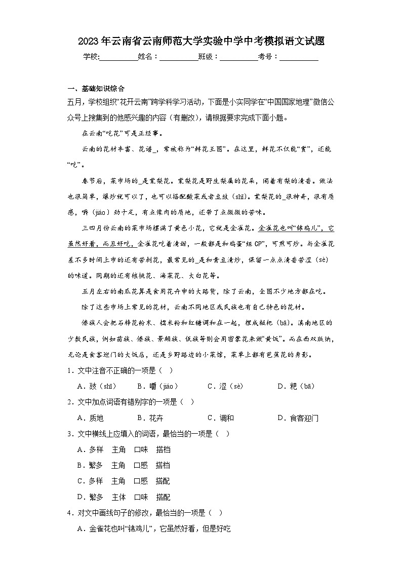 2023年云南省云南师范大学实验中学中考模拟语文试题(含解析)01