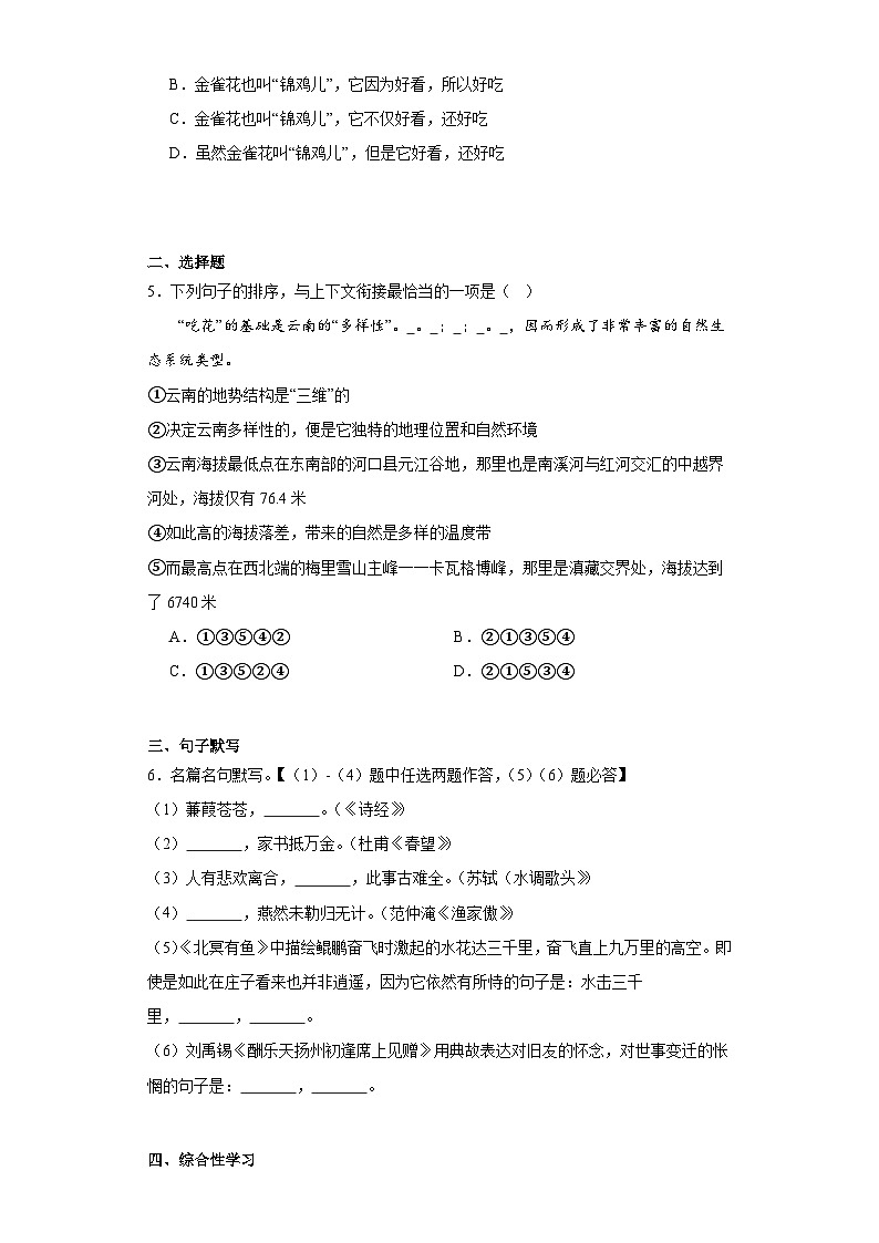 2023年云南省云南师范大学实验中学中考模拟语文试题(含解析)02