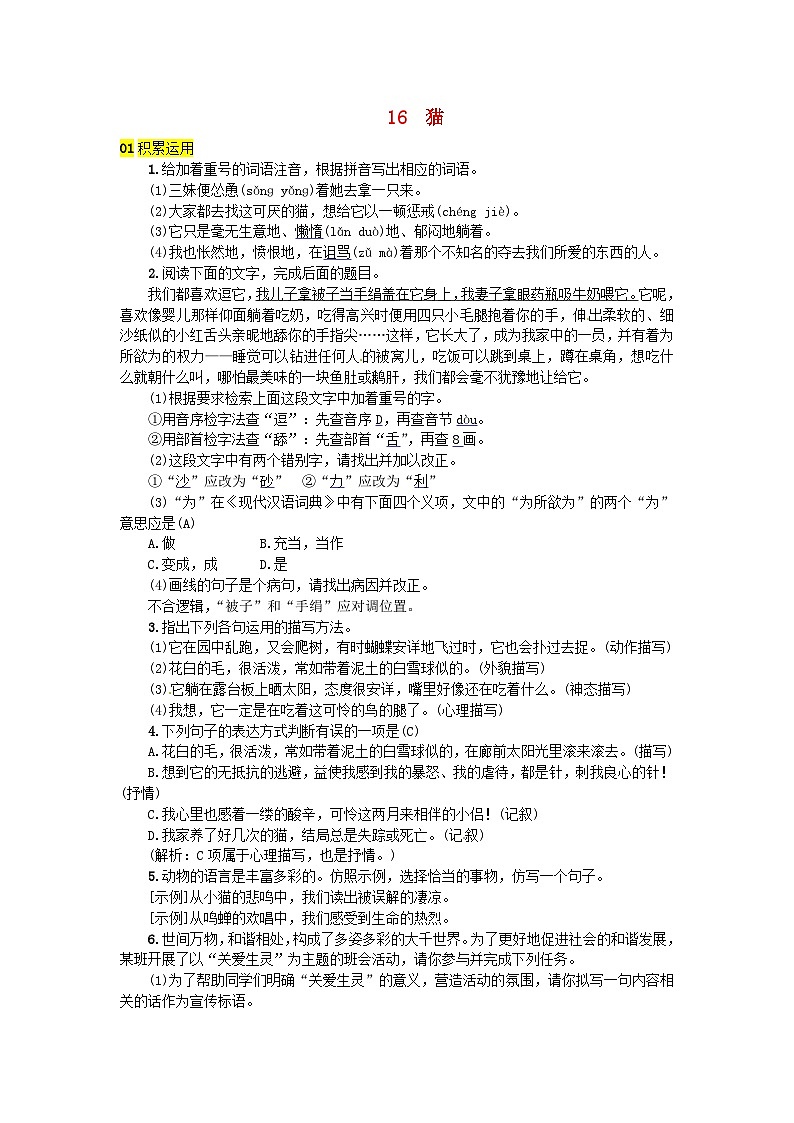 部编版七年级语文上册 第5单元 16猫 随堂练习(含答案)第1页