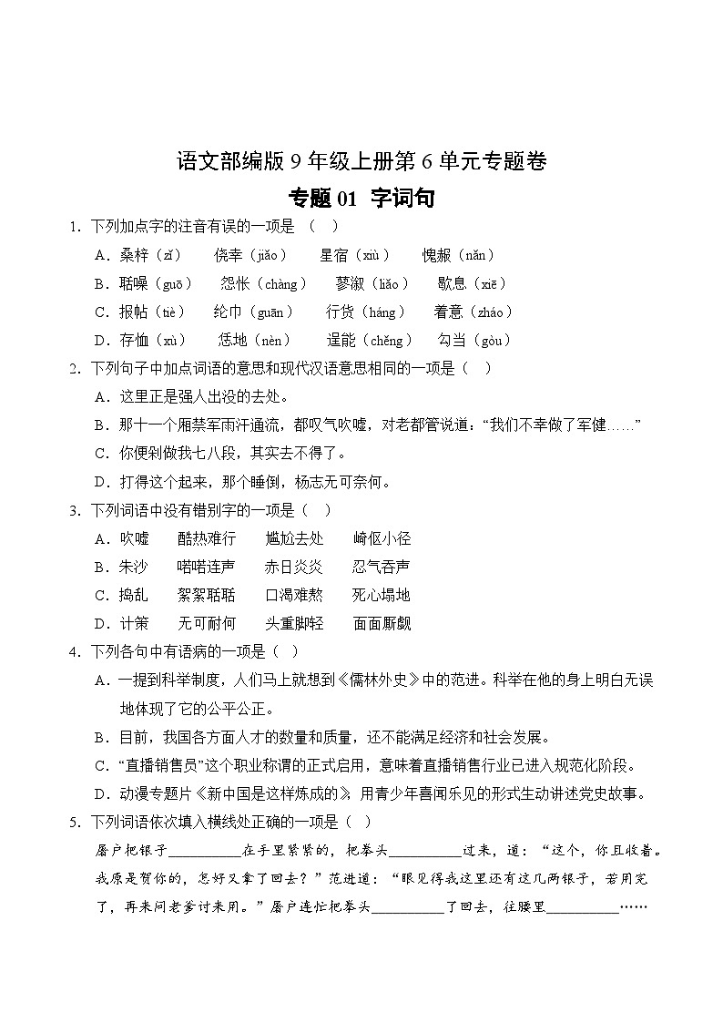 语文部编版9年级上册第6单元专题卷01 字词句02