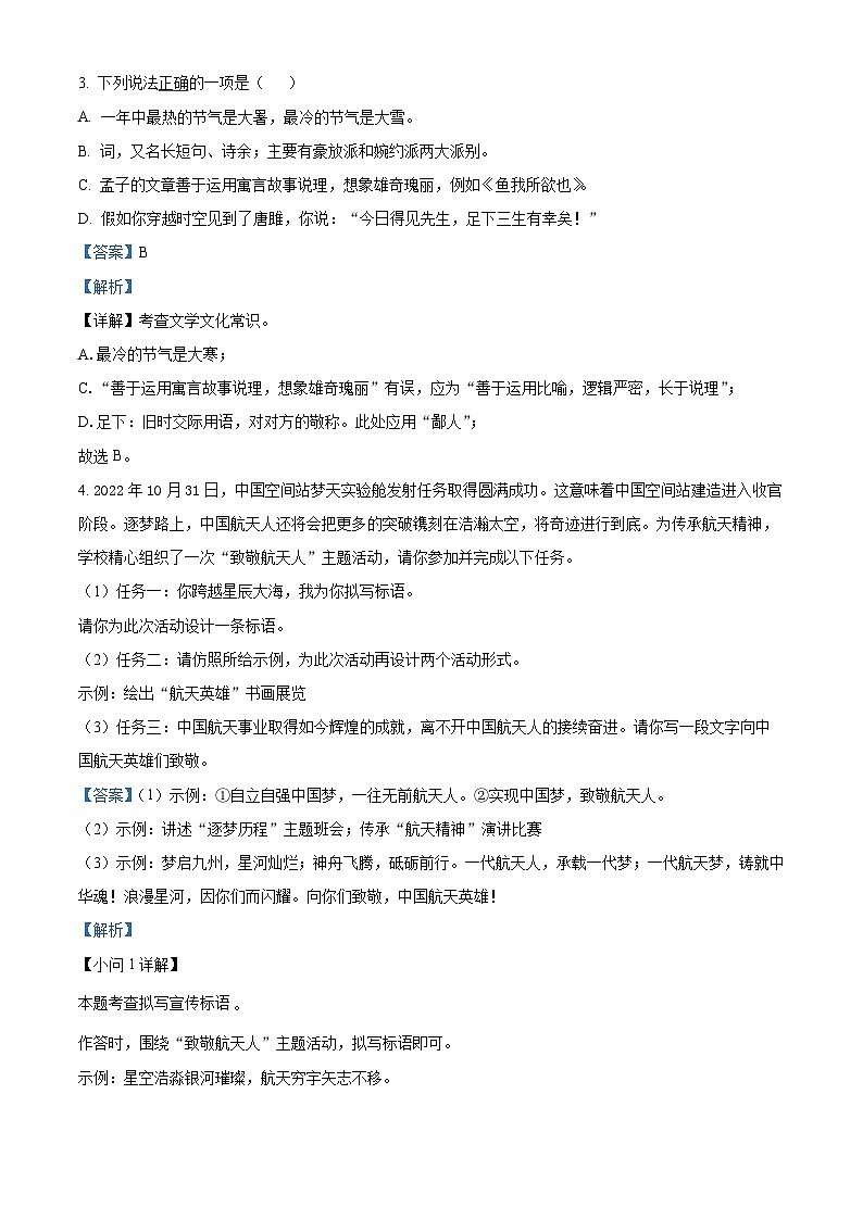 江苏省宿迁市宿城区2022-2023学年九年级上学期期末语文试题(解析版)03