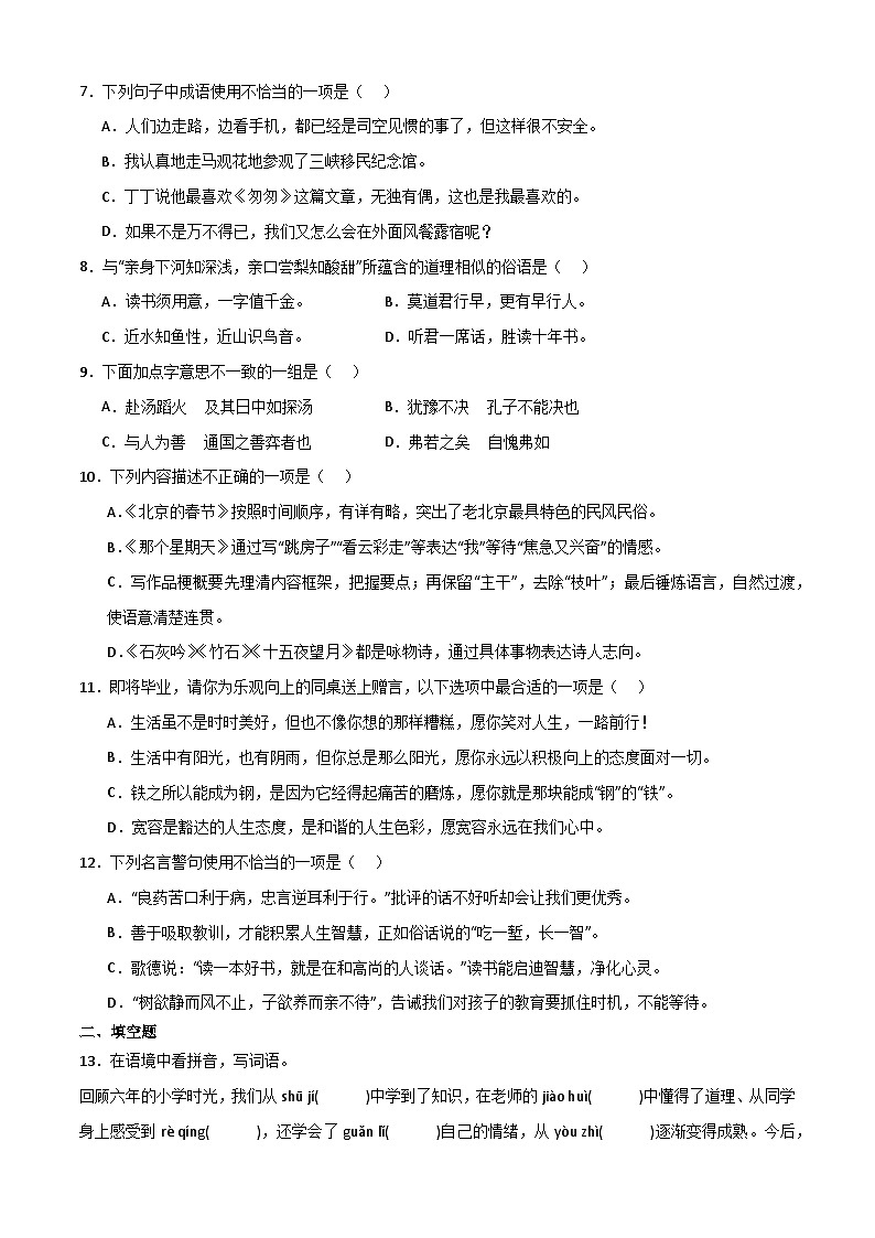 基础知识 初一(七年级)语文入学分班考训练 2023-2024学年(统编版)02