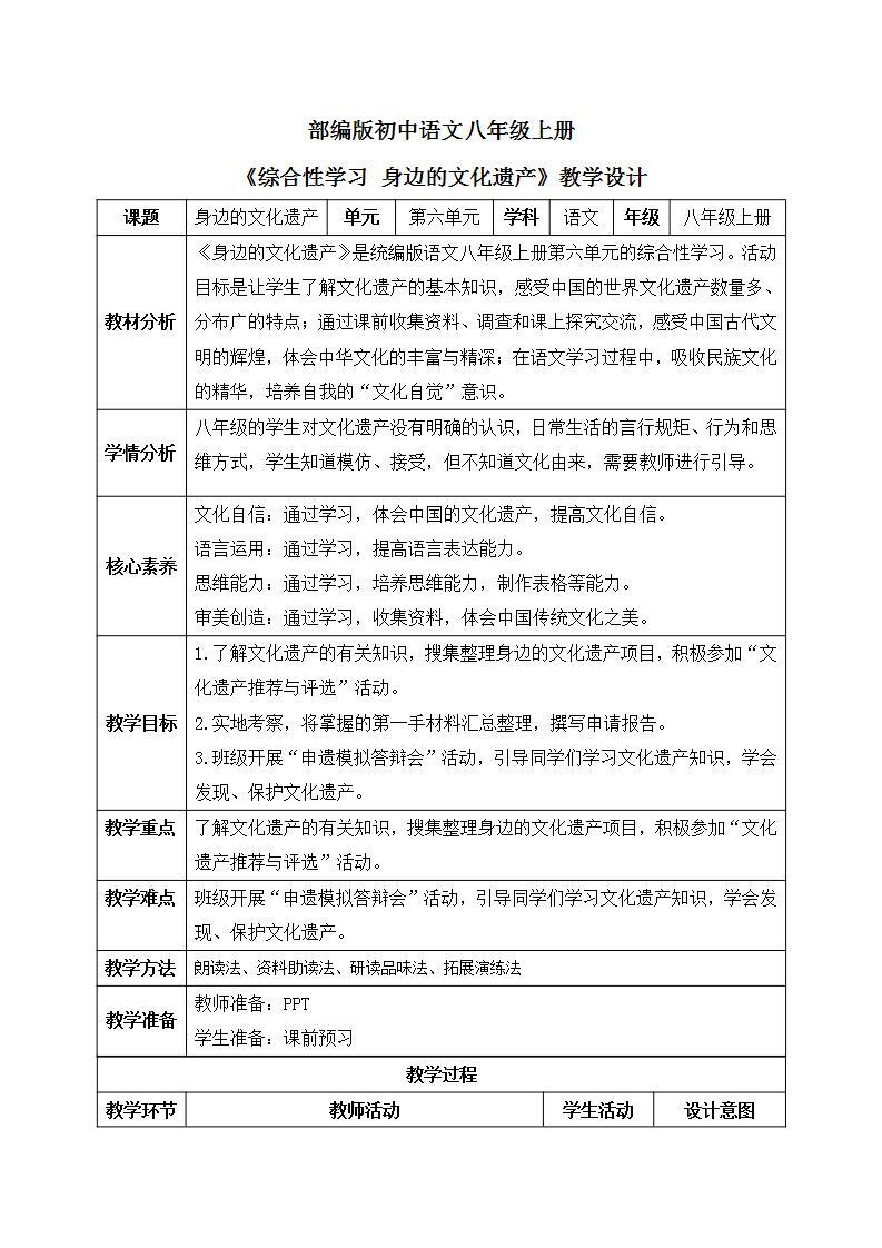 【核心素养目标】人教部编版初中语文八年级上册 《综合性学习 身边的文化遗产》 课件+教案+同步分层练习（含答案）01