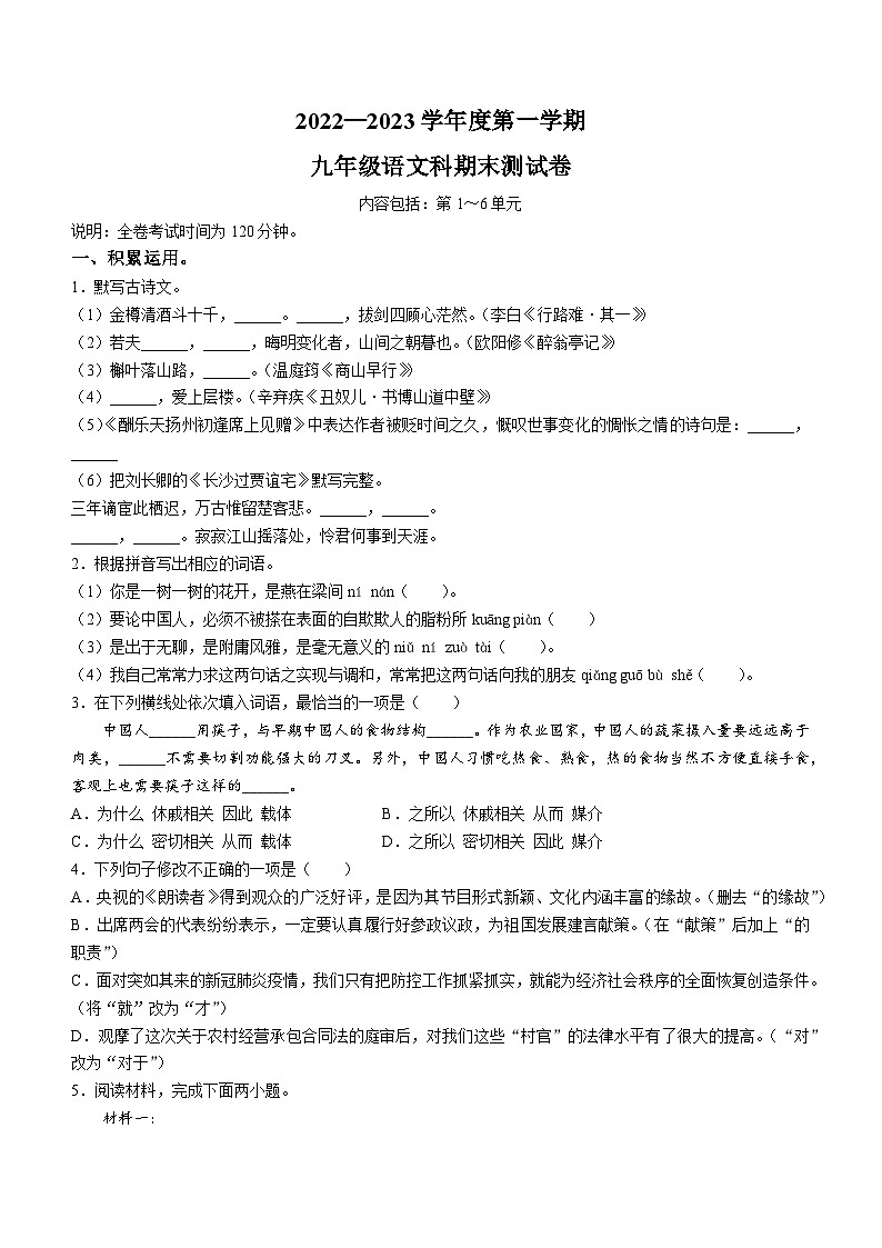 广东省汕头市潮南区2022-2023学年九年级上学期期末语文试题01