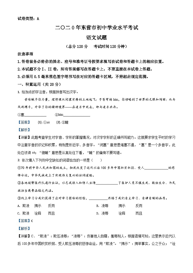 03 山东省东营市2020年中考语文试题(解析版)01