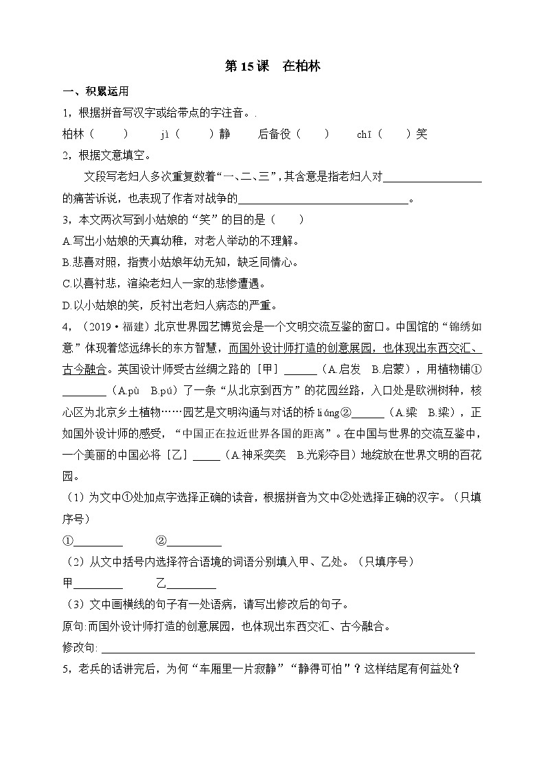 统编版(五四学制)初中语文 六年级上册 15 在柏林 同步练习(含答案)01