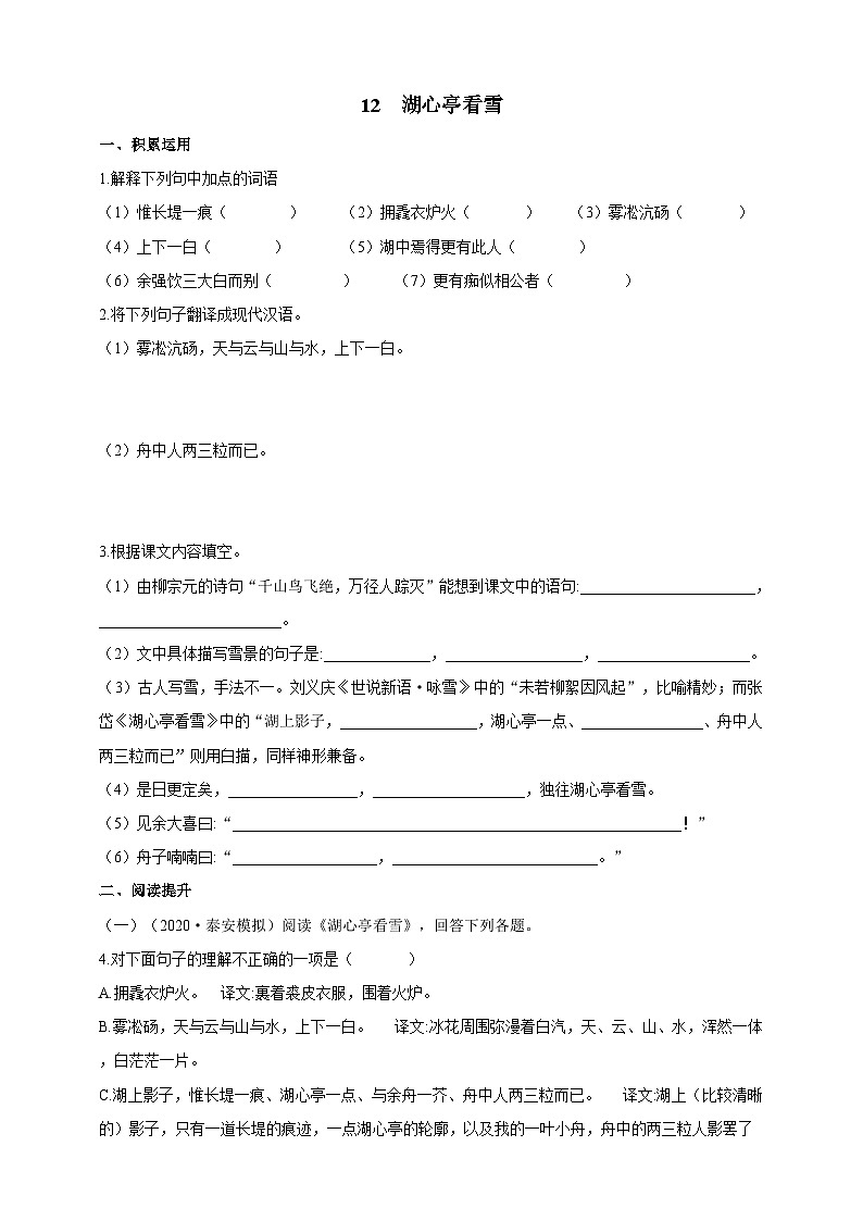 统编版(五四学制)语文九年级上册 12 湖心亭看雪 同步练习(含答案)01