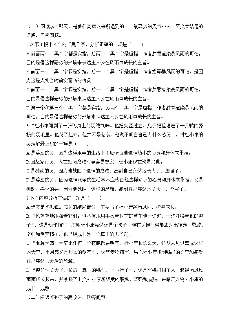 统编版(五四学制)语文九年级上册 16 孤独之旅 同步练习(含答案)02