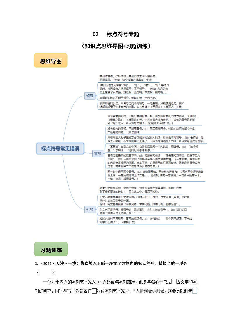 中考语文三轮冲刺练习02 标点符号专题（知识点思维导图+习题训练）（含解析）