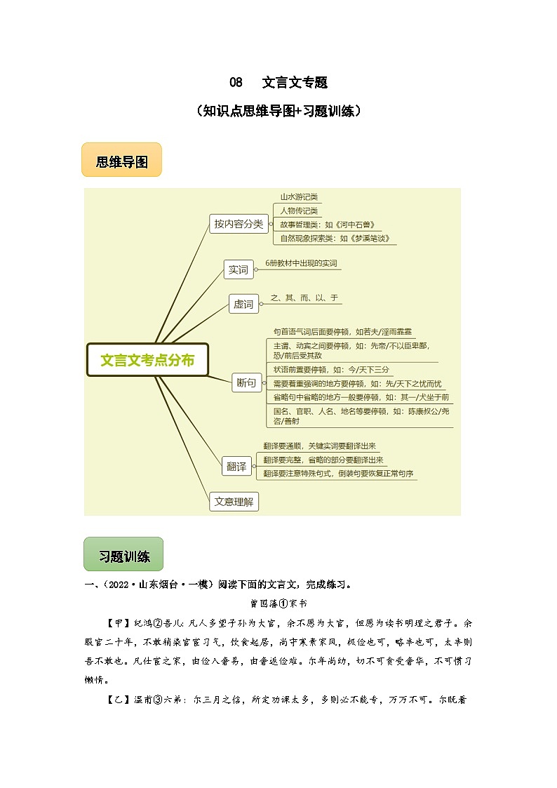 中考语文三轮冲刺练习08 文言文专题(知识点思维导图+习题训练)(含解析)01