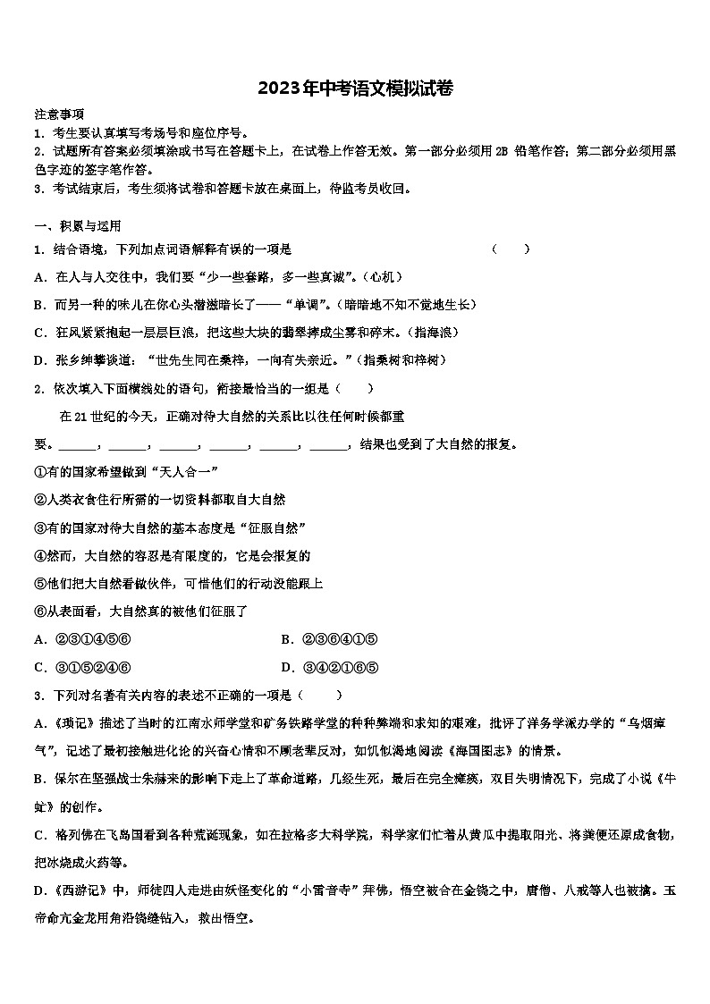 2022-2023学年福建省建瓯市徐墩中学中考语文全真模拟试题含解析第1页