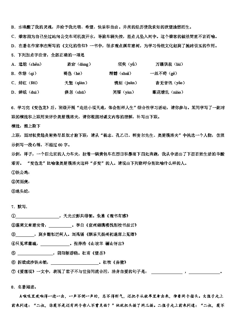 【浙教版】浙江省宁波市重点中学2022-2023学年中考语文押题试卷含解析02