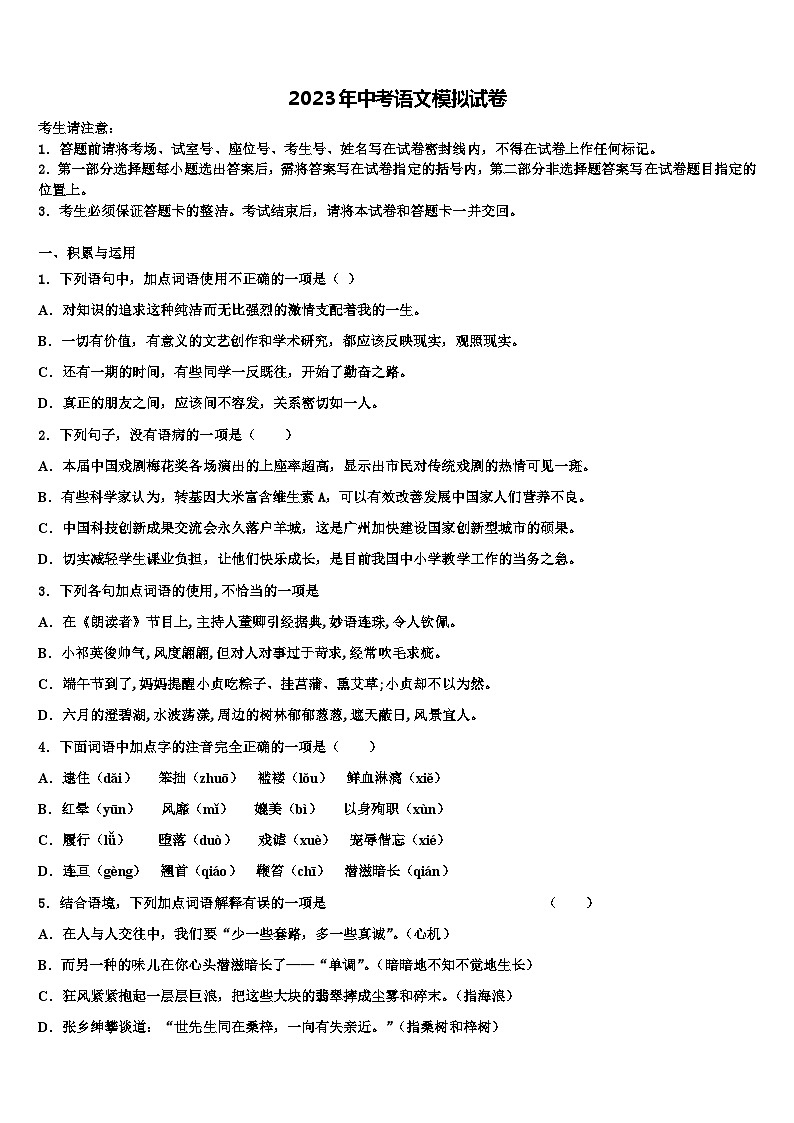 2022-2023学年广东省阳江地区重点名校中考猜题语文试卷含解析01