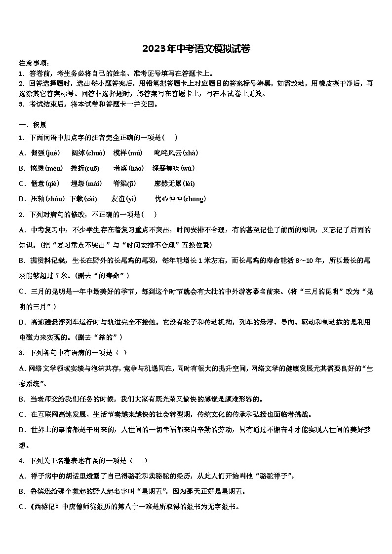 2022-2023学年广西钦州市钦南区中考语文适应性模拟试题含解析01