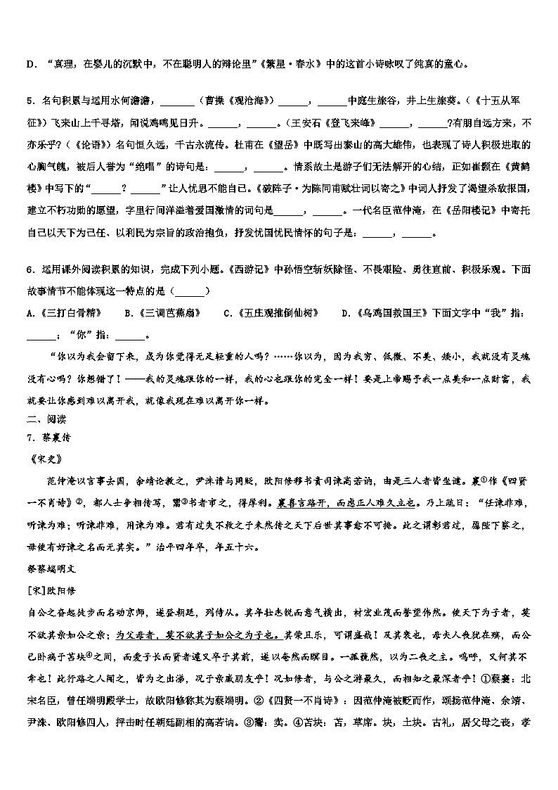 2022-2023学年广西钦州市钦南区中考语文适应性模拟试题含解析02