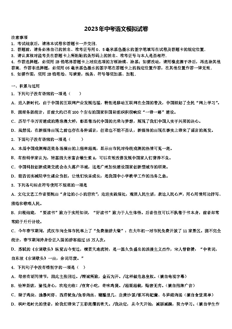2022-2023学年邯郸市重点中学中考适应性考试语文试题含解析01