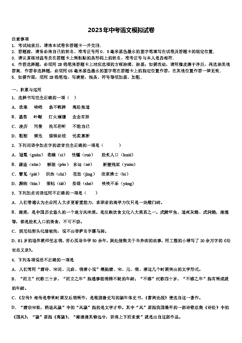 2022-2023学年河南省驻马店确山县联考中考语文模拟试题含解析第1页