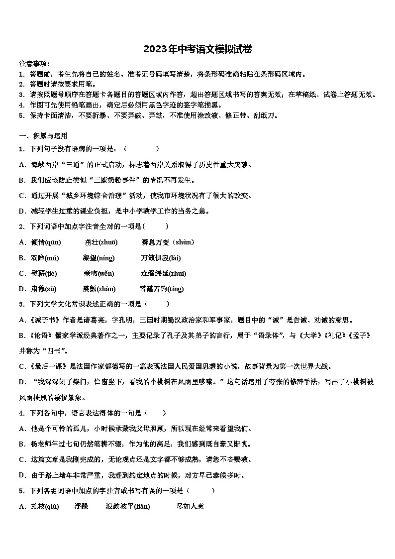 2022-2023学年湖北省咸宁市崇阳县重点达标名校中考语文全真模拟试卷含解析01
