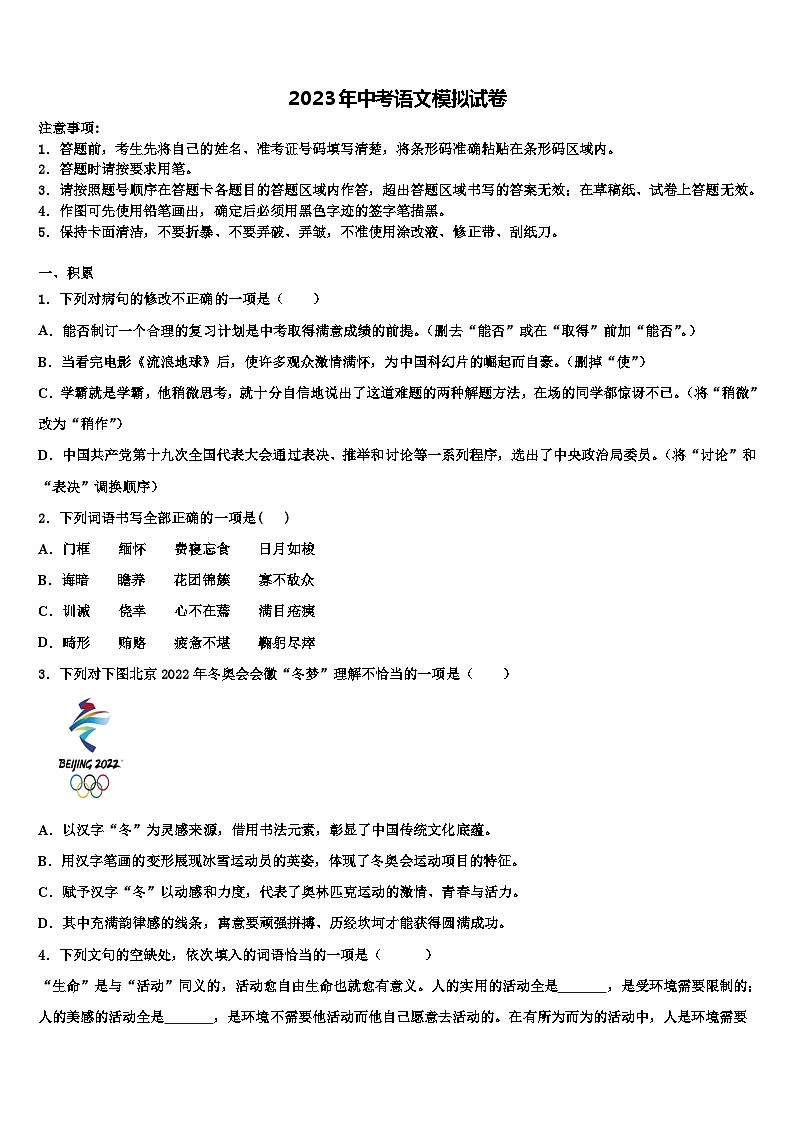 2022-2023学年山东省潍坊市安丘市中考适应性考试语文试题含解析第1页