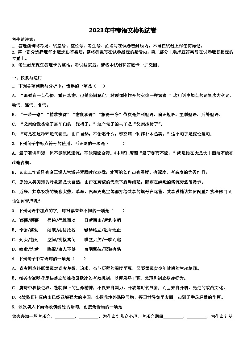 2022-2023学年山东省潍坊市寿光市达标名校中考适应性考试语文试题含解析01