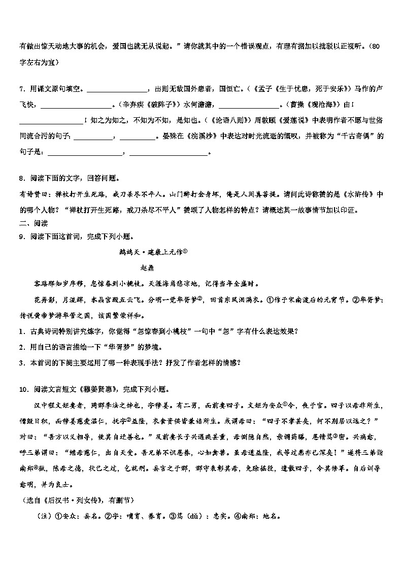 2022-2023学年山东省潍坊市寿光市达标名校中考适应性考试语文试题含解析03