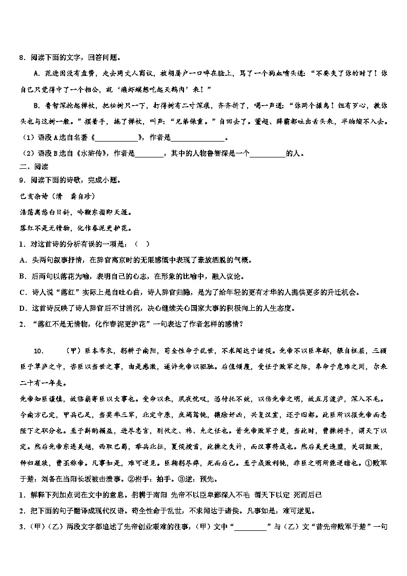 2022-2023学年西藏昌都地区八宿县中考语文模拟精编试卷含解析03