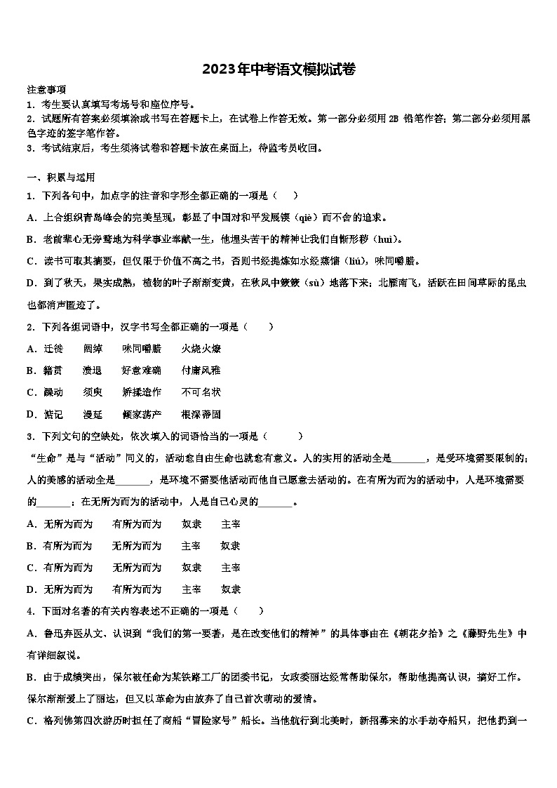 2022-2023学年下期湖南岳阳市城区达标名校中考一模语文试题含解析01
