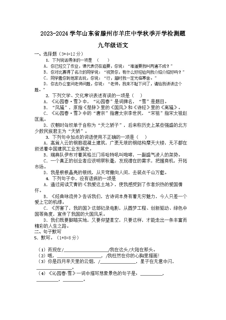 山东省+滕州市羊庄镇羊庄中学2023-2024学年九年级上学期开学语文试题01