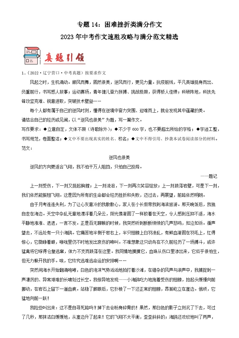 专题14：困难挫折类满分作文-2023年中考作文速胜攻略与满分范文精选01