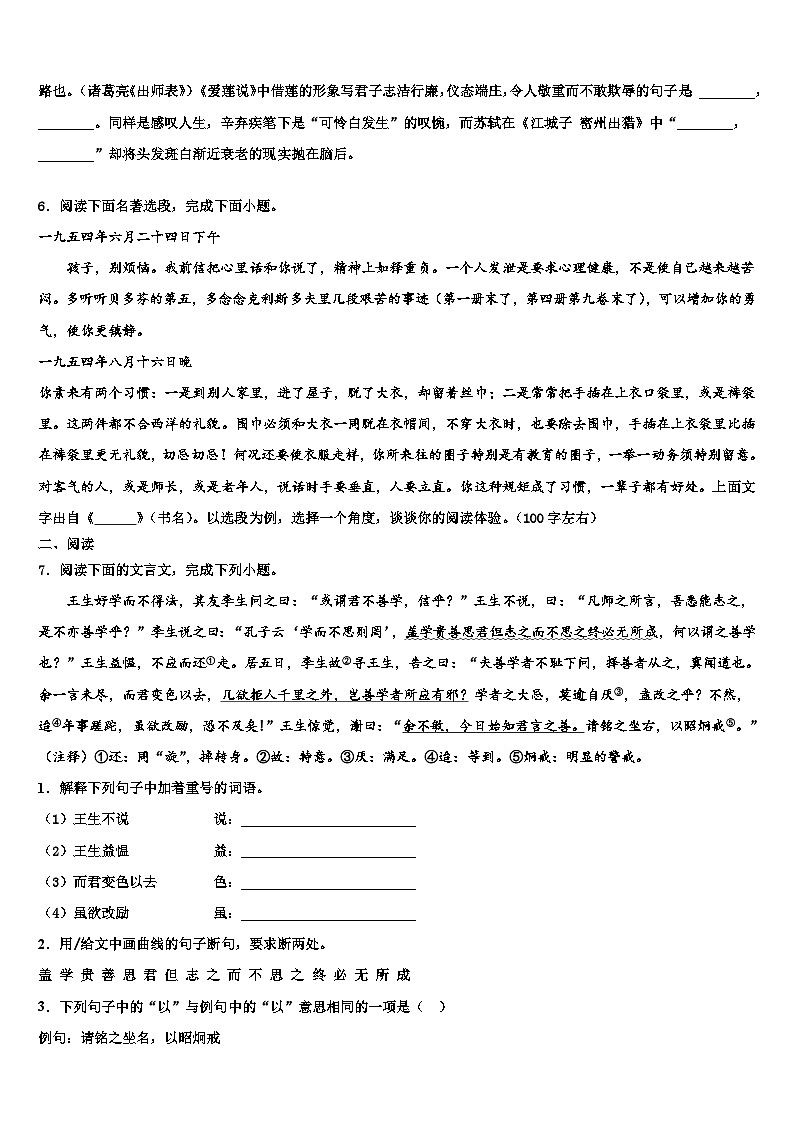2023届安徽池州市东至县市级名校中考联考语文试题含解析02