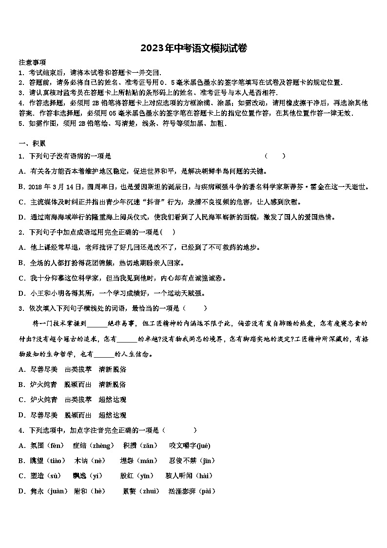 2023届北京市大兴区重点中学中考语文最后一模试卷含解析01