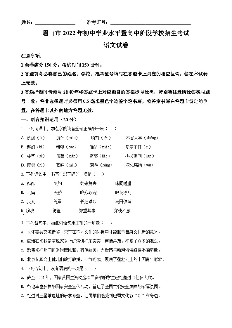 2022年四川省眉山市中考语文真题(原卷版)01