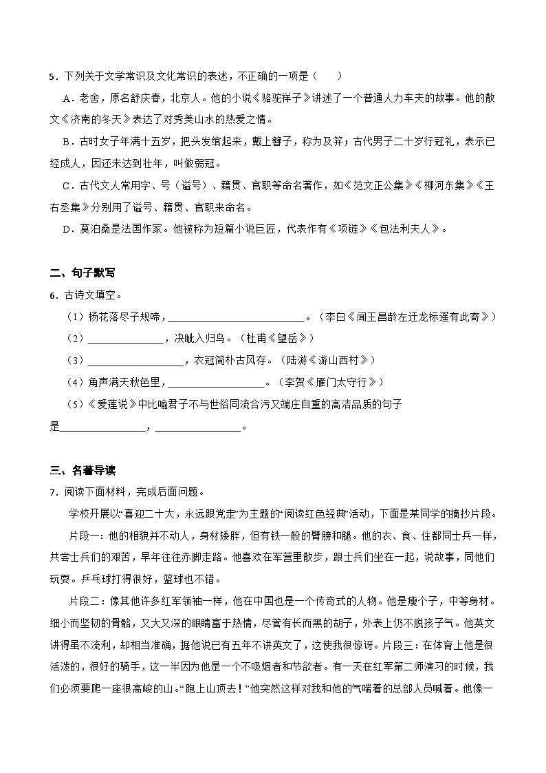 七升八暑假預(yù)習(xí)綜合測試題(原卷版)-七年級語文暑假預(yù)習(xí)計劃單+文學(xué)常識積累+作文鑒賞+能力提升習(xí)題(部編版)第2頁