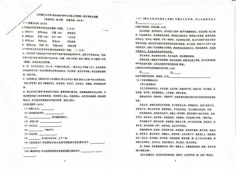 江苏省徐州市铜山区部分校2023-2024学年九年级上学期9月检测语文试卷01