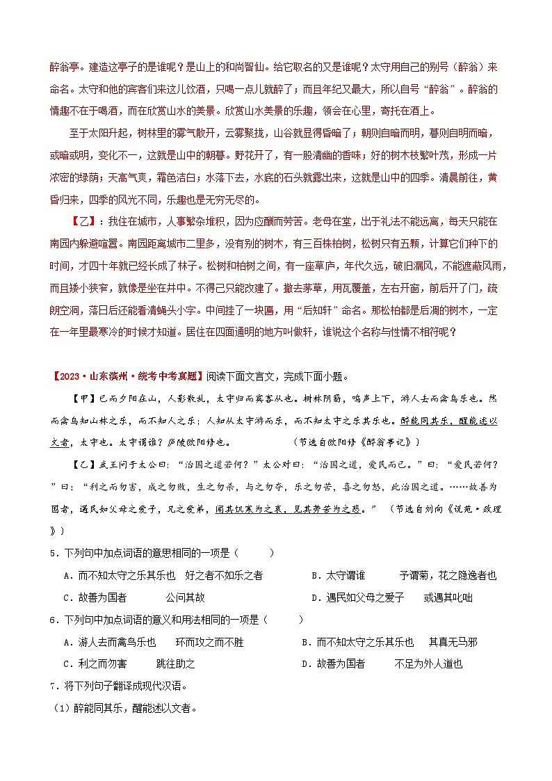 《醉翁亭记》中考真题+模拟原题(解释版)2024中考语文课内文言文专项03