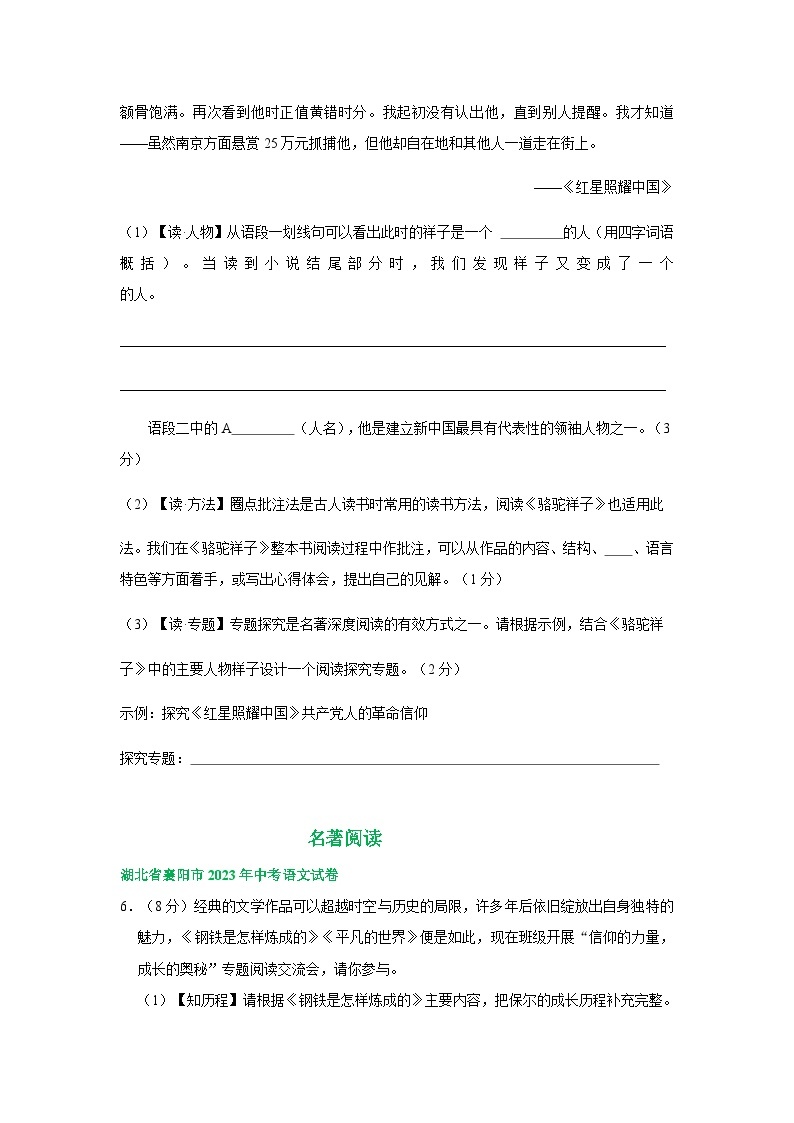 湖北省襄阳市三年（2021-2023）中考语文试卷分类汇编：名著专题03