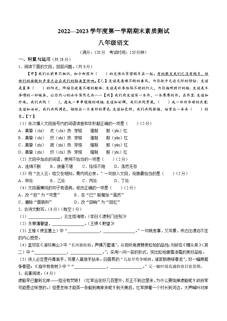 河南省驻马店市平舆县2022-2023学年八年级上学期期末语文试题第1页