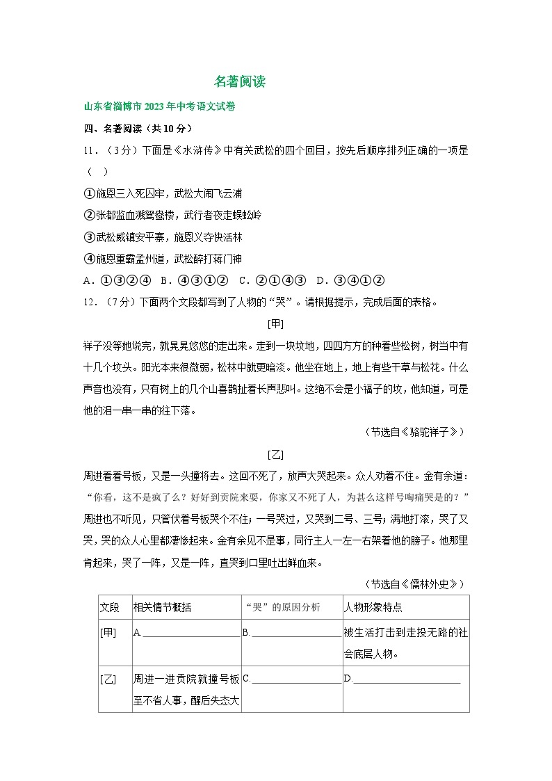 山东省淄博市三年（2021-2023）中考语文试卷分类汇编：名著专题01