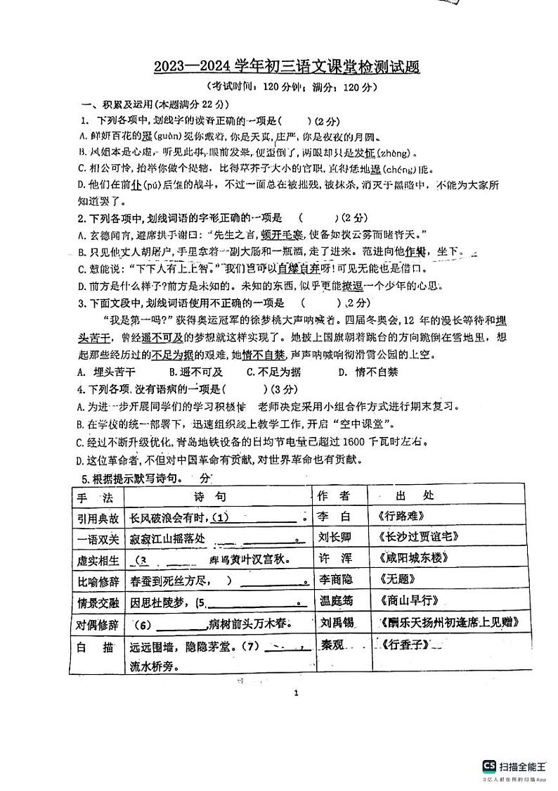 山东省青岛市城阳区实验中学2023-2024学年九年级上学期第一次月考语文试题(月考)01